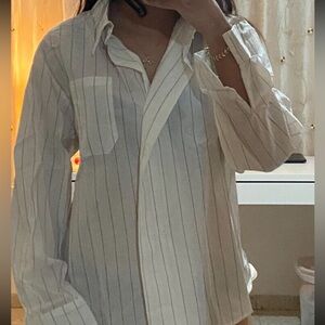 Oversized cotton white stripe button down blouse M